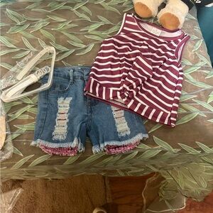 NWT Boutique Striped Plum & White Tank Top w/ distressed Denim Shorts & belt 2T